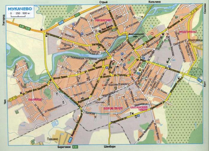 Mukachevo map with landmarks