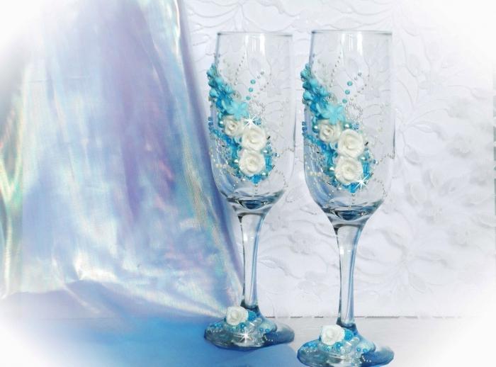 свадебные бокалы, украшенные полимерной глиной