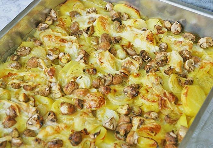 Картошка в с мясом и грибами в духовке рецепт с фото пошагово в