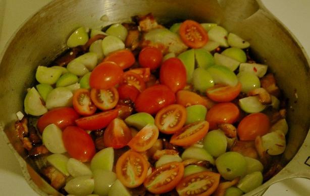 salted tomatoes in a pan