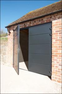 Metal garage doors.