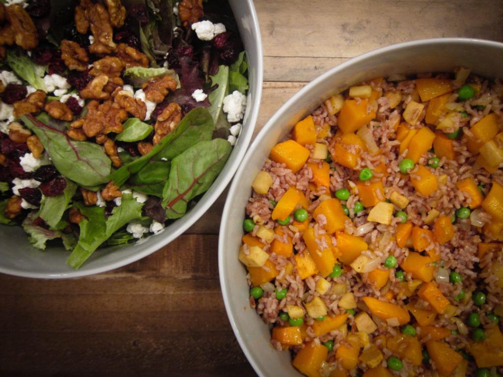 Pink rice and vegetables