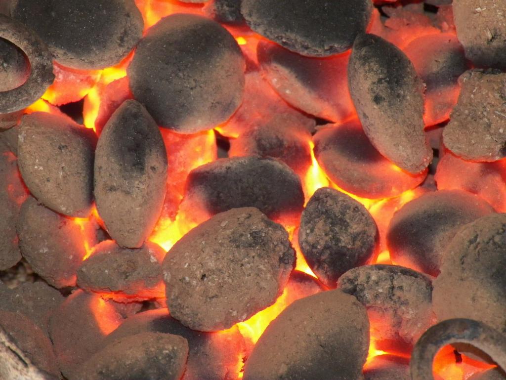 Burning coal briquettes