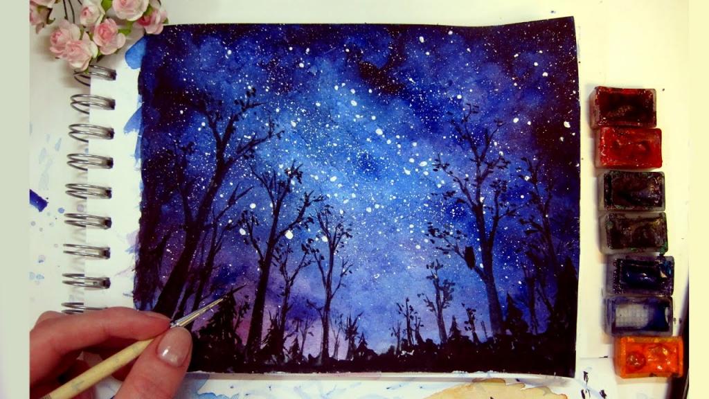 как нарисовать ночное небо акварелью