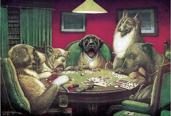 собаки сидят и играют карты