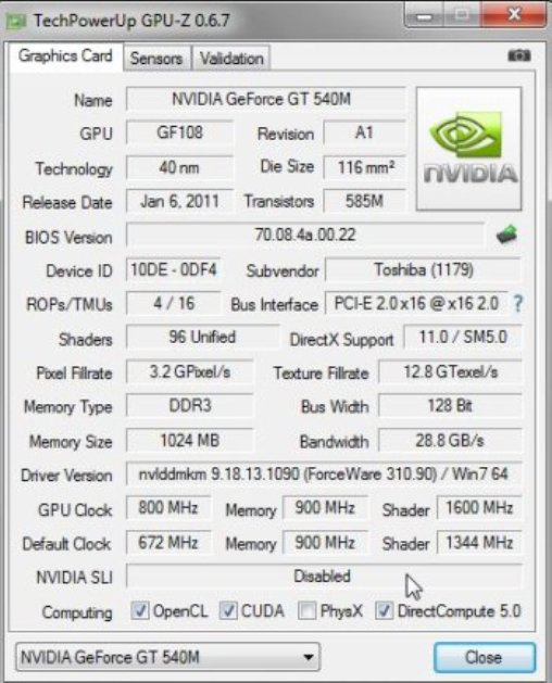 Видеокарта GeForce GT 540M. Характеристики