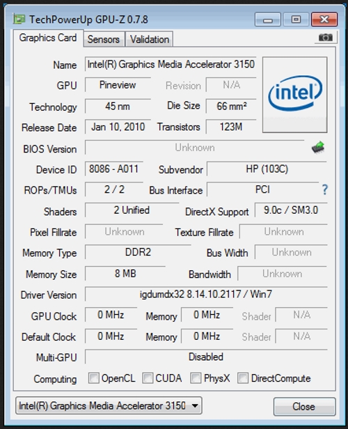 Характеристики Intel Graphics Media Accelerator 3150