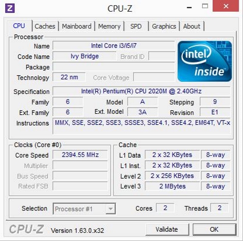 Intel Pentium 2020M CPU Features