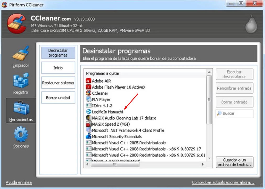 Удаление Хамачи через CCleaner