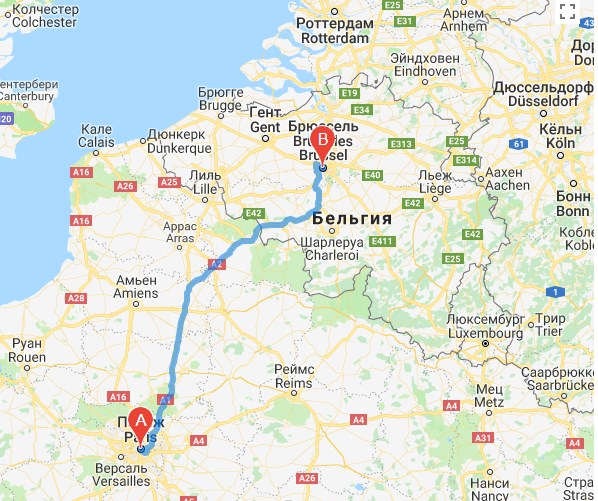 Карта маршрута Брюссель-Париж
