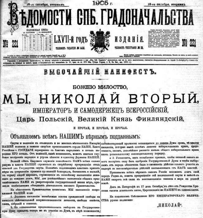 манифест 17 октября 1905 содержание