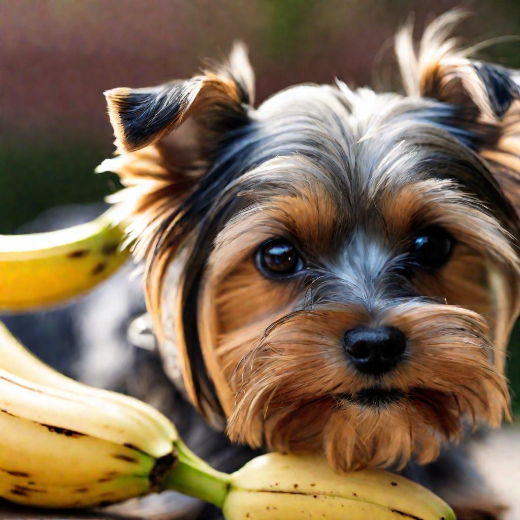 Крупным планом йорк ест кусочек банана, полезное лакомство