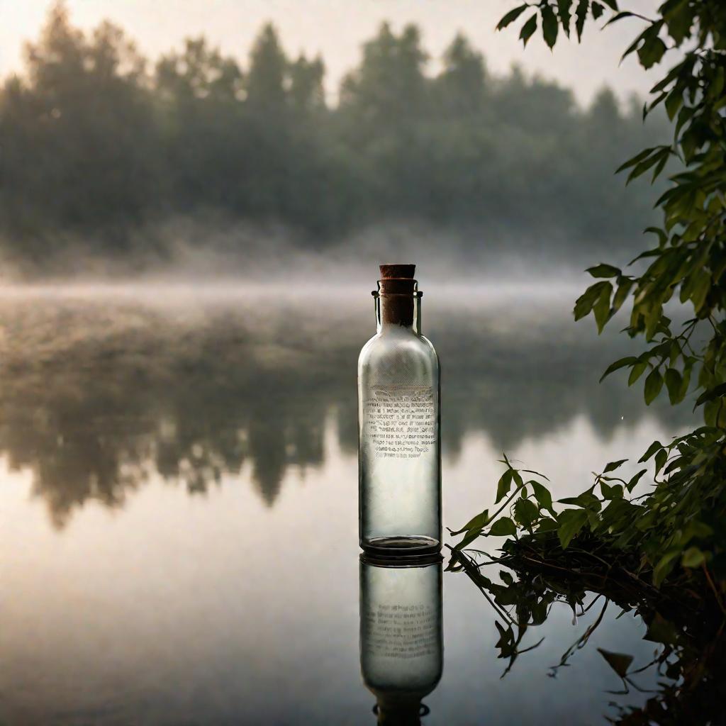 Бутылка с запиской плывет по озеру в туманный рассвет