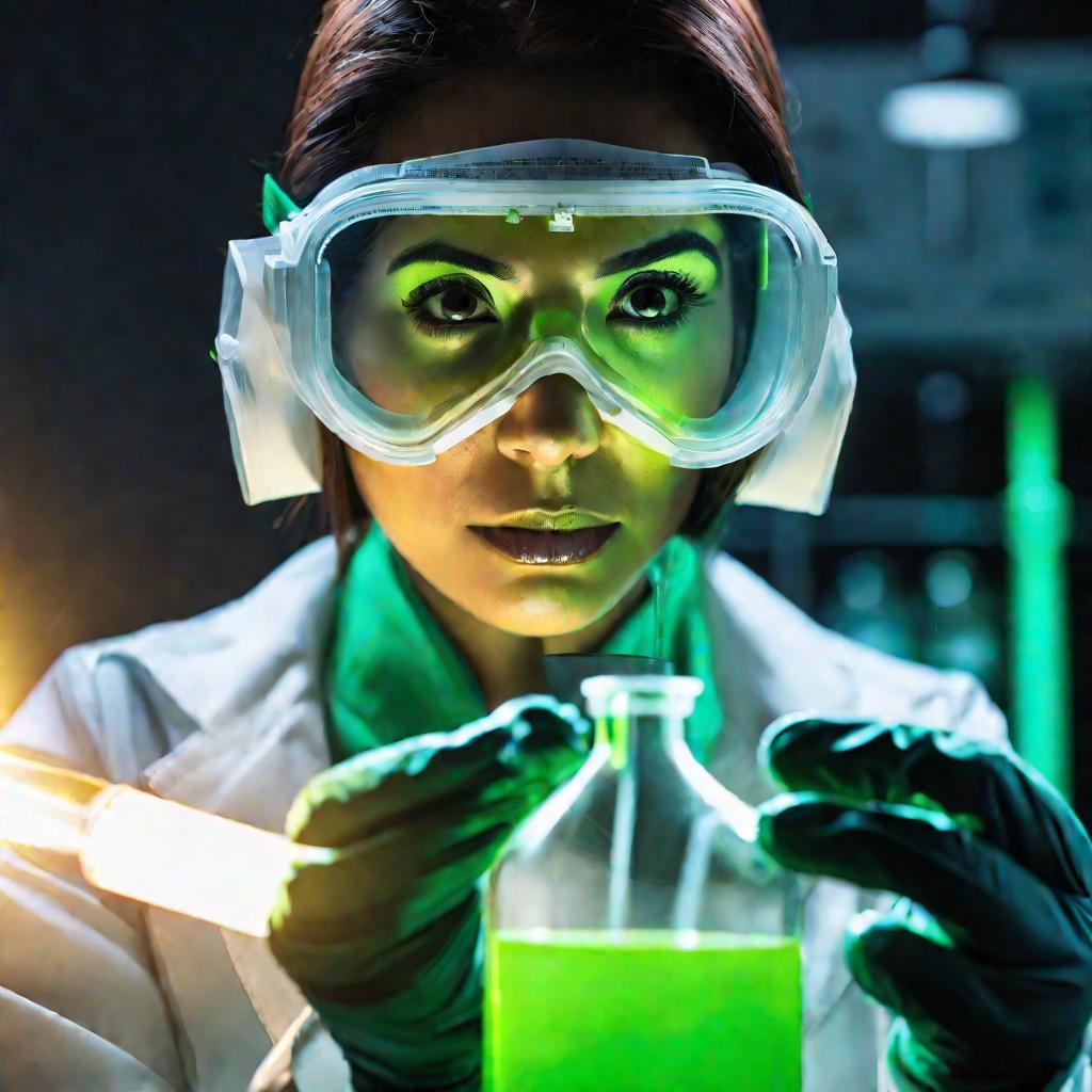 Исследователь держит пробирку с ярко-зеленым раствором