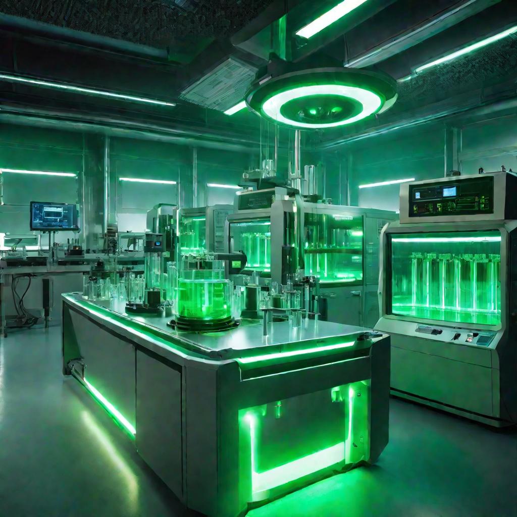 Зеленая жидкость вращается в стеклянной колбе в научной лаборатории