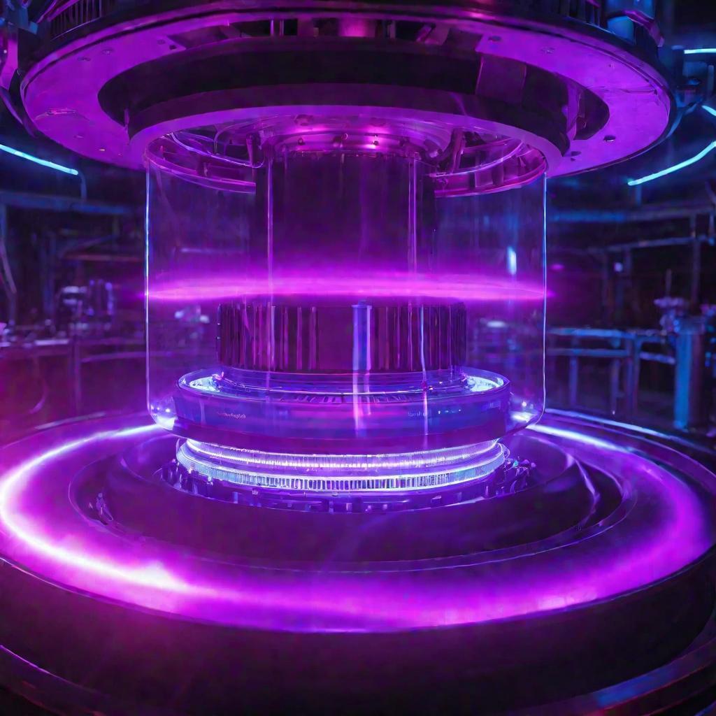 Крупный кинематографический план свечения фиолетового потока плазмы, который формируется и контролируется пульсирующими голубыми электромагнитными полями внутри высокотехнологичного реактора, световые эффекты излучаются динамично.