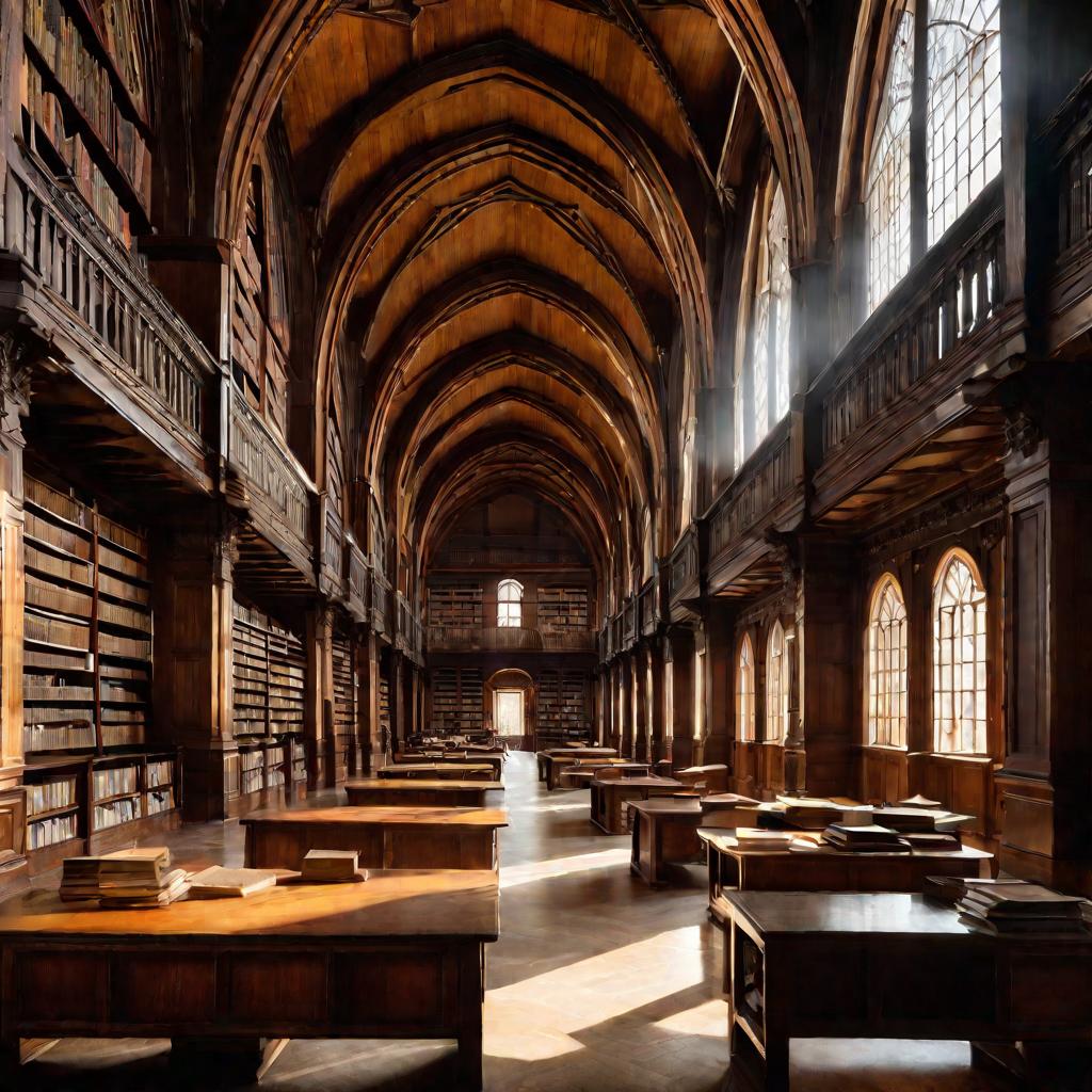Старая библиотека с пыльными полками в лучах света