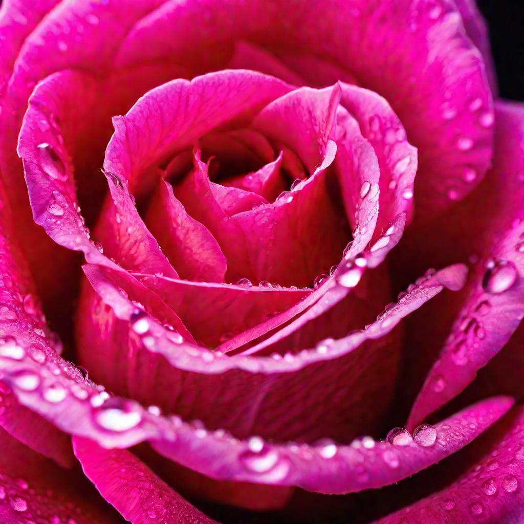 Макросъемка розовой розы с капельками воды на лепестках.