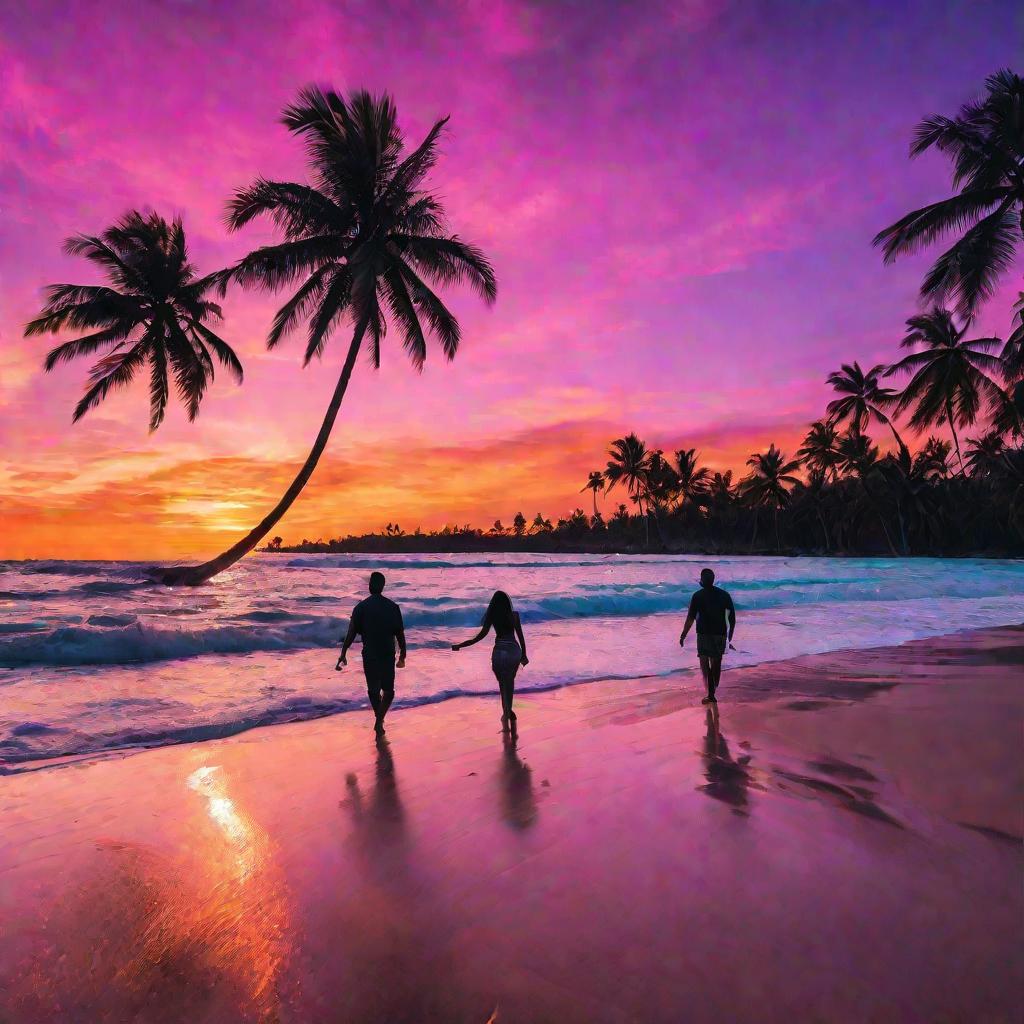 Закат над тропическим пляжем с двумя фигурами на переднем плане.