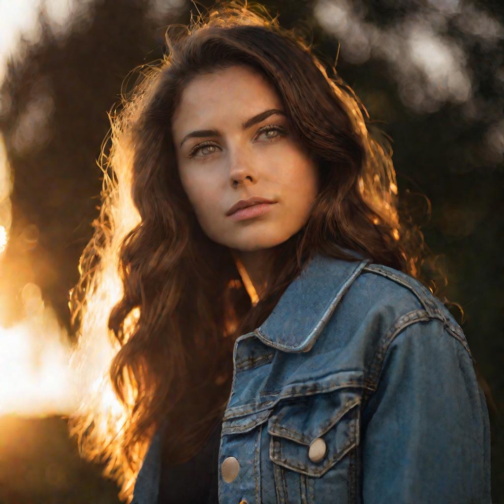 Портрет молодой задумчивой женщины на фоне заката