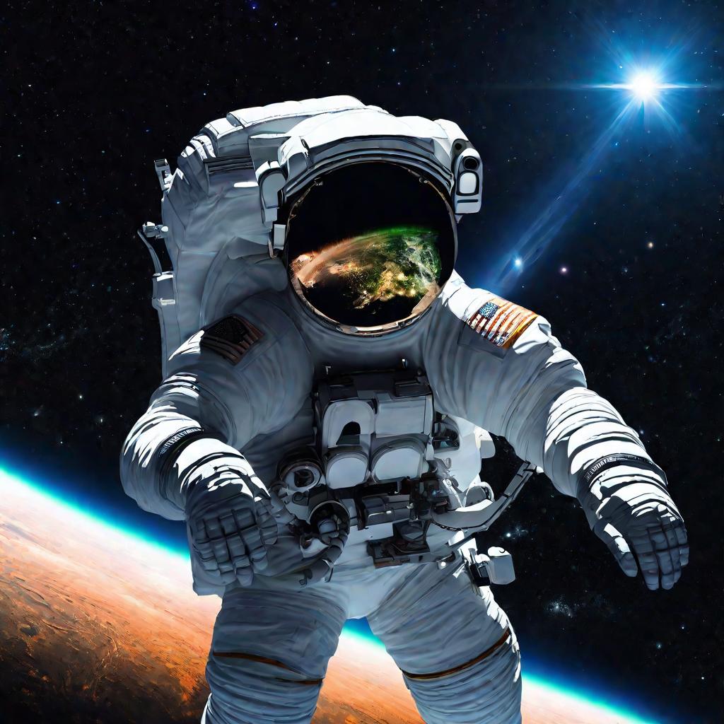 Космонавт парящий в космосе на фоне голубой планеты Земля