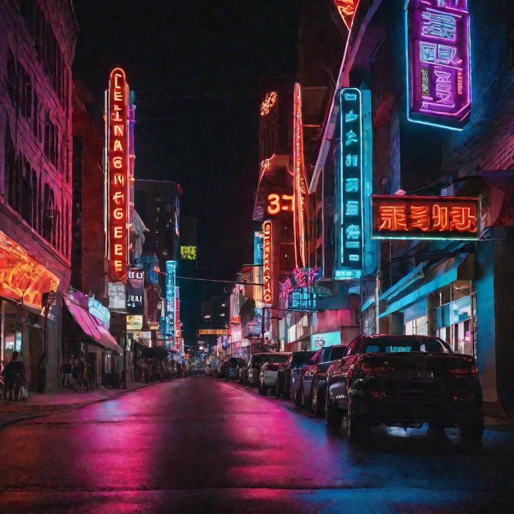 Улица ночного города с яркой неоновой подсветкой