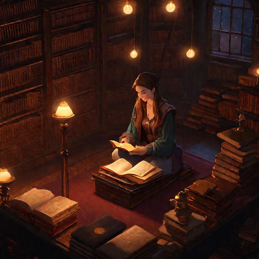 Девушка читает книгу в библиотеке ночью