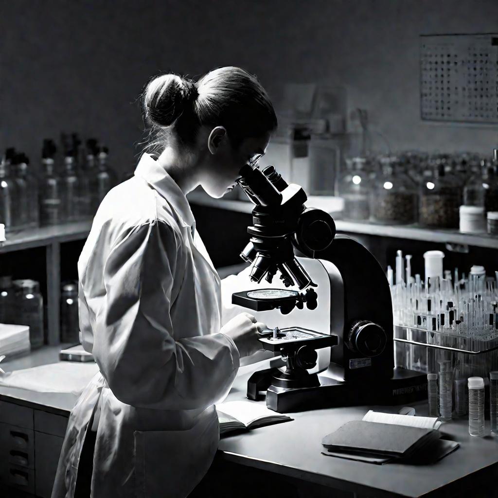 Студентка изучает образцы под микроскопом