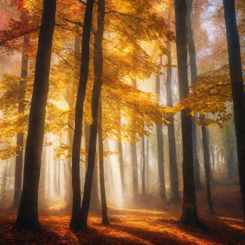 Осенний лес, залитый солнцем, деревья в золотой листве.