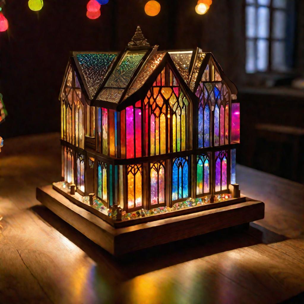 Миниатюрный стеклянный домик с радужным светом