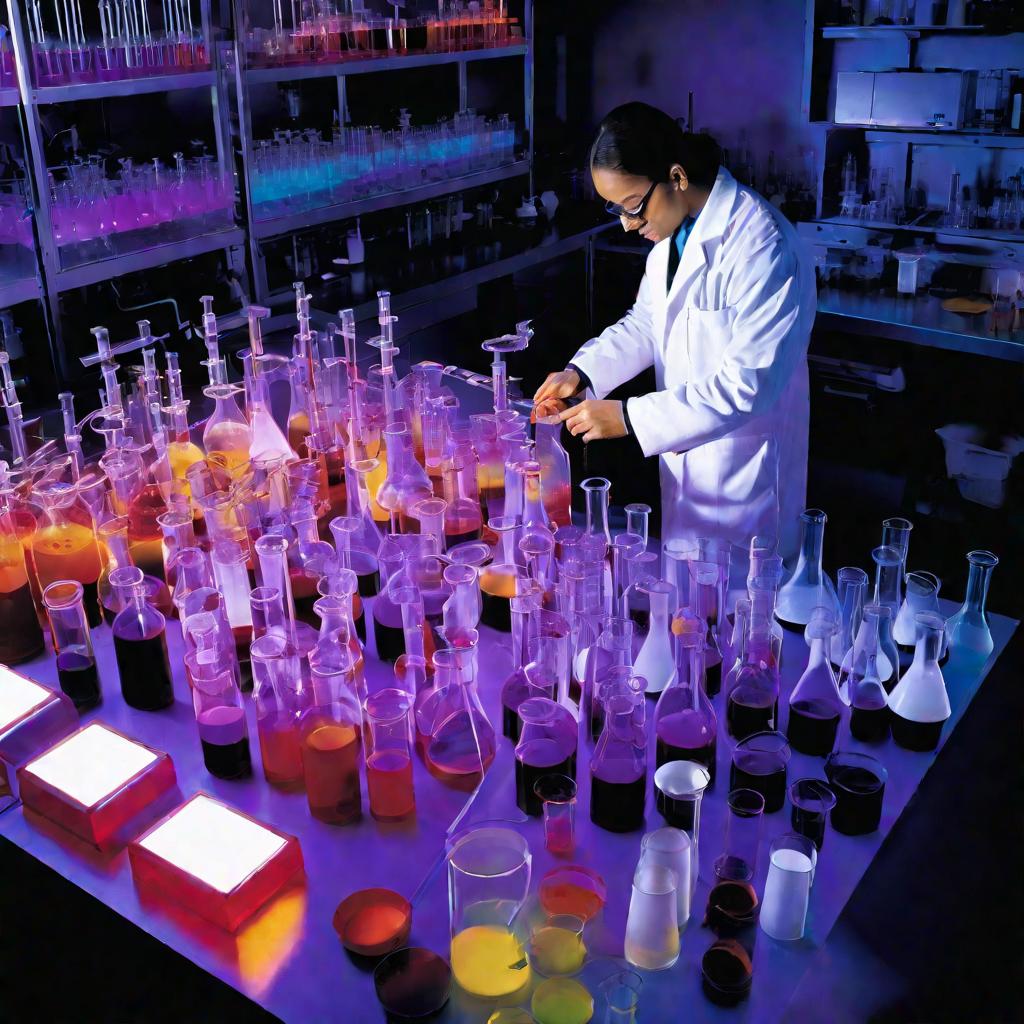 Ученый в лаборатории измеряет объем фиолетового раствора в колбе с помощью мензурки.