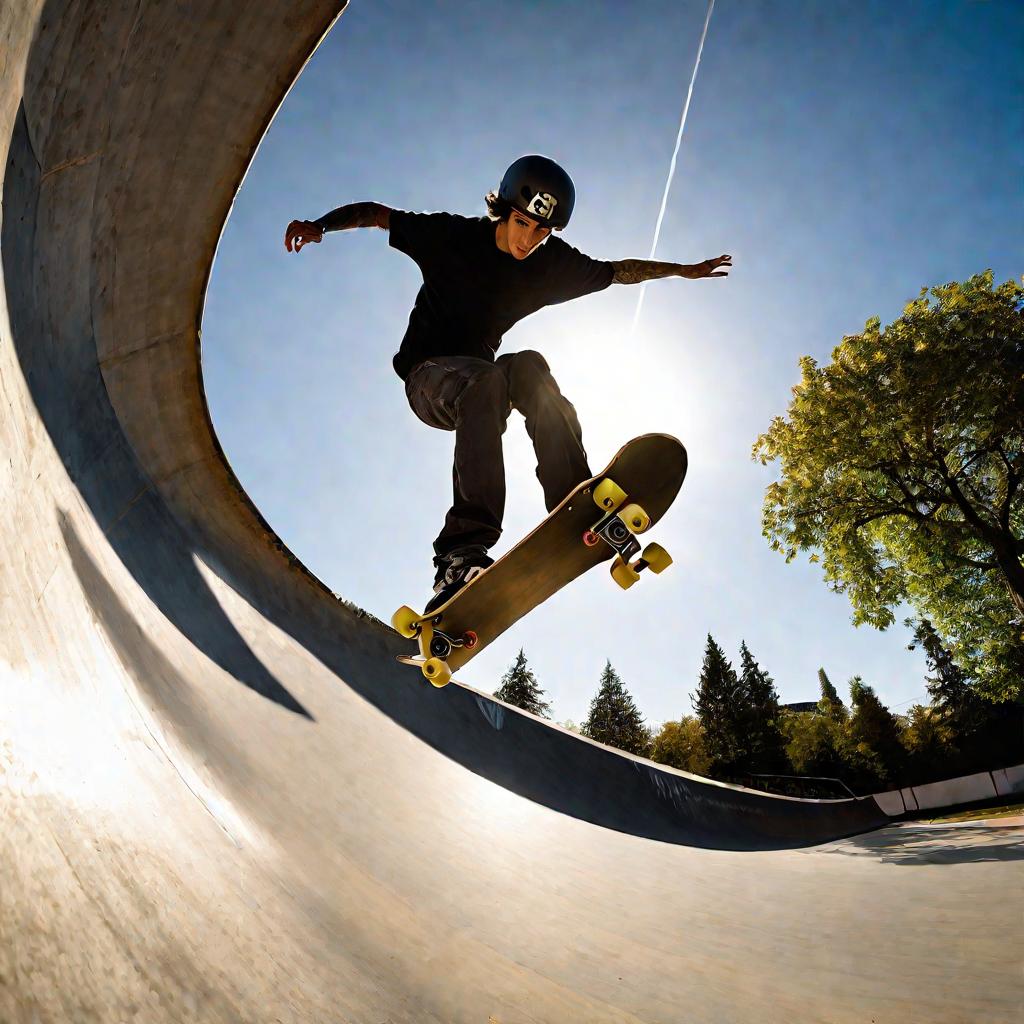 Скейтбордист делает дабл-верт на бетонной рампе