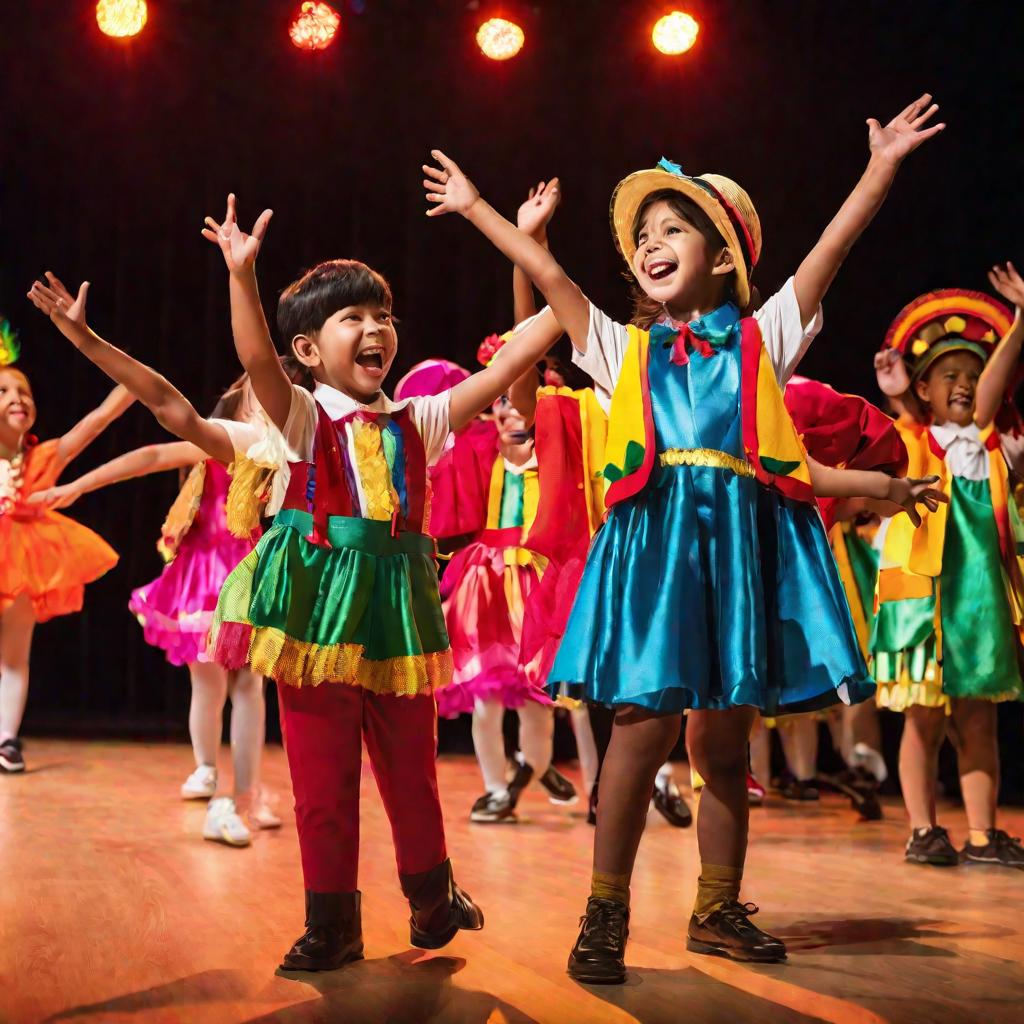 Дети в костюмах выступают на сцене школьного актового зала