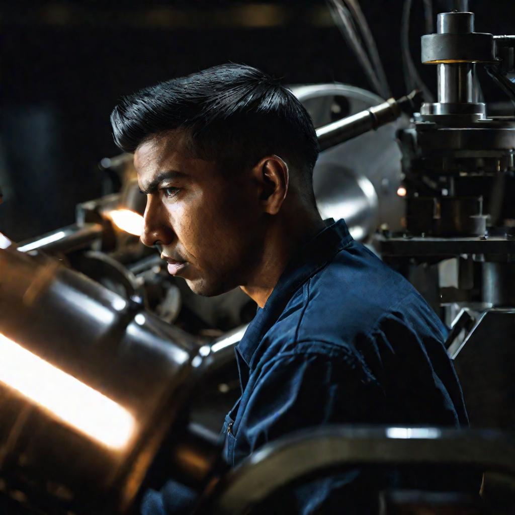 Крупный портрет рабочего на заводе, управляющего цилиндрическим оборудованием. Драматичное студийное освещение выделяет его сосредоточенное лицо на темном фоне во время работы.