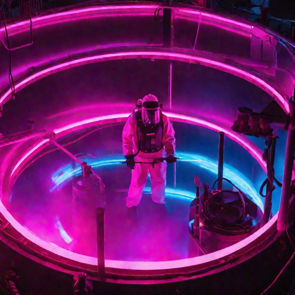 Вид сверху в большую цилиндрическую емкость, заполненную светящейся неоновой жидкостью. Рабочий в защитном костюме измеряет объем. Сюжет навевает фантастическое настроение с голубовато-розовым неоновым свечением.