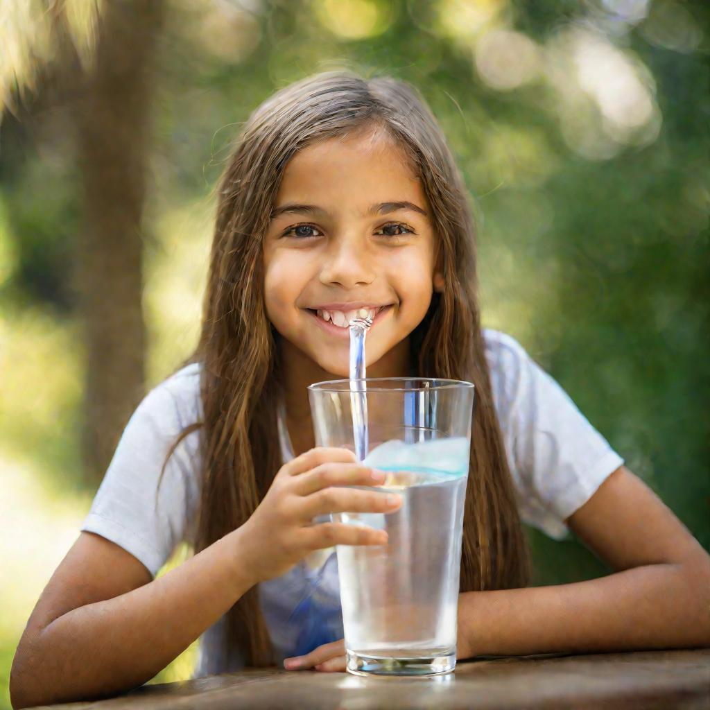 Девочка пьет воду.