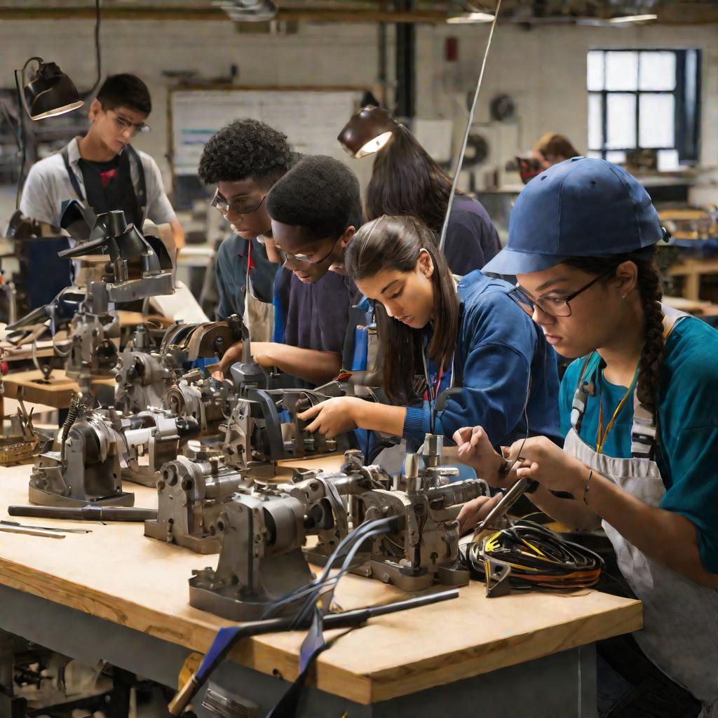 Студенты работают в мастерской колледжа над созданием механизмов