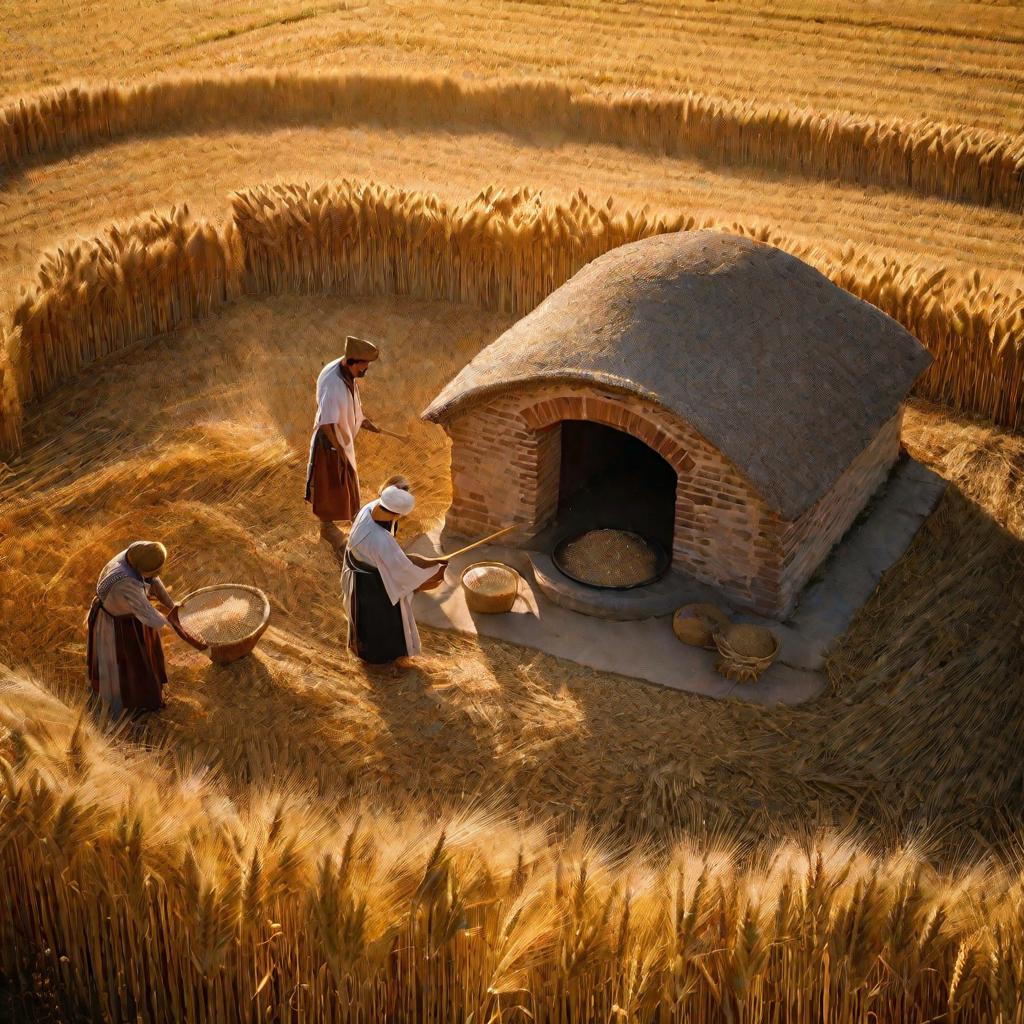 Древняя каменная печь посреди пшеничного поля на закате дня.