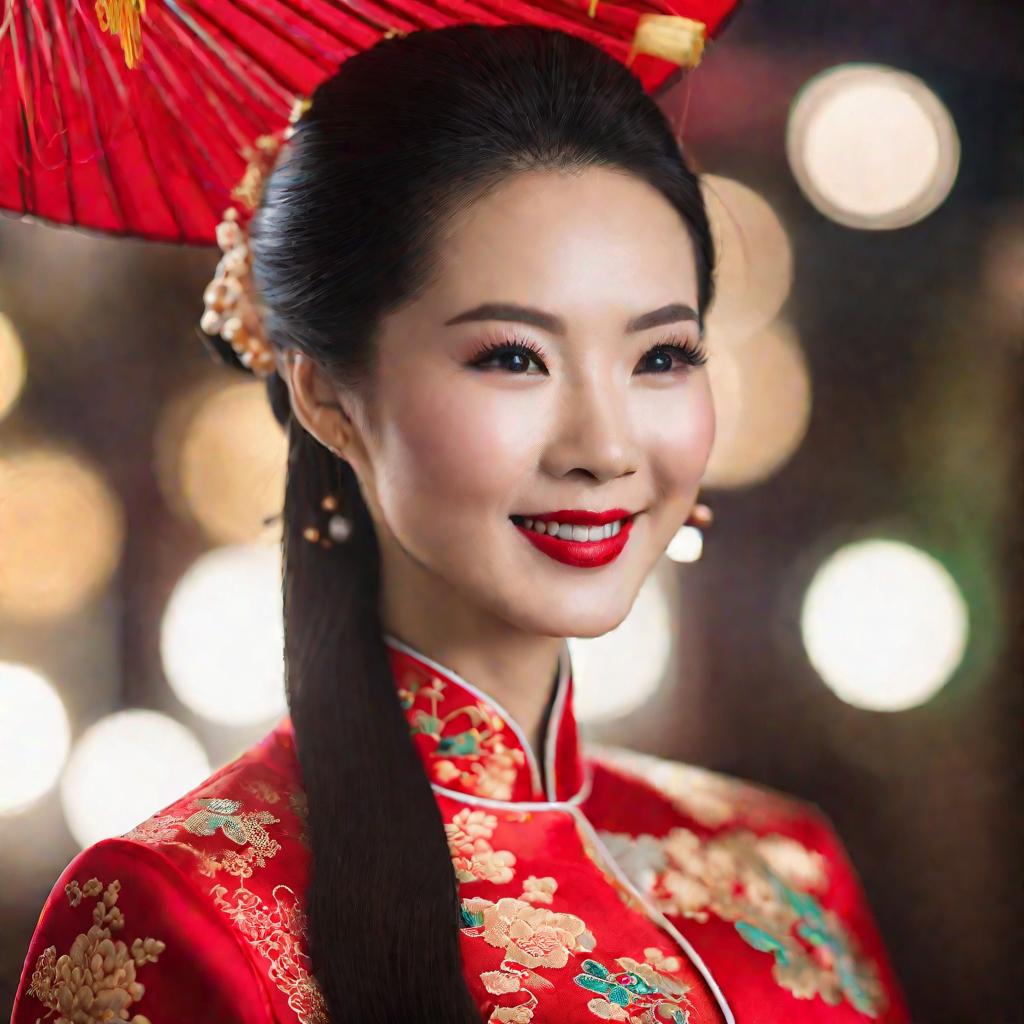 Портрет улыбающейся китаянки в национальном костюме.