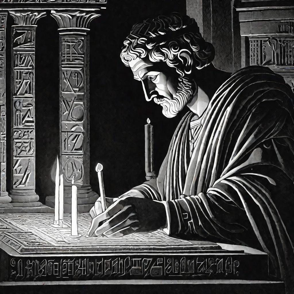 Римский ученый высекает числа на каменной таблице при свете свечи