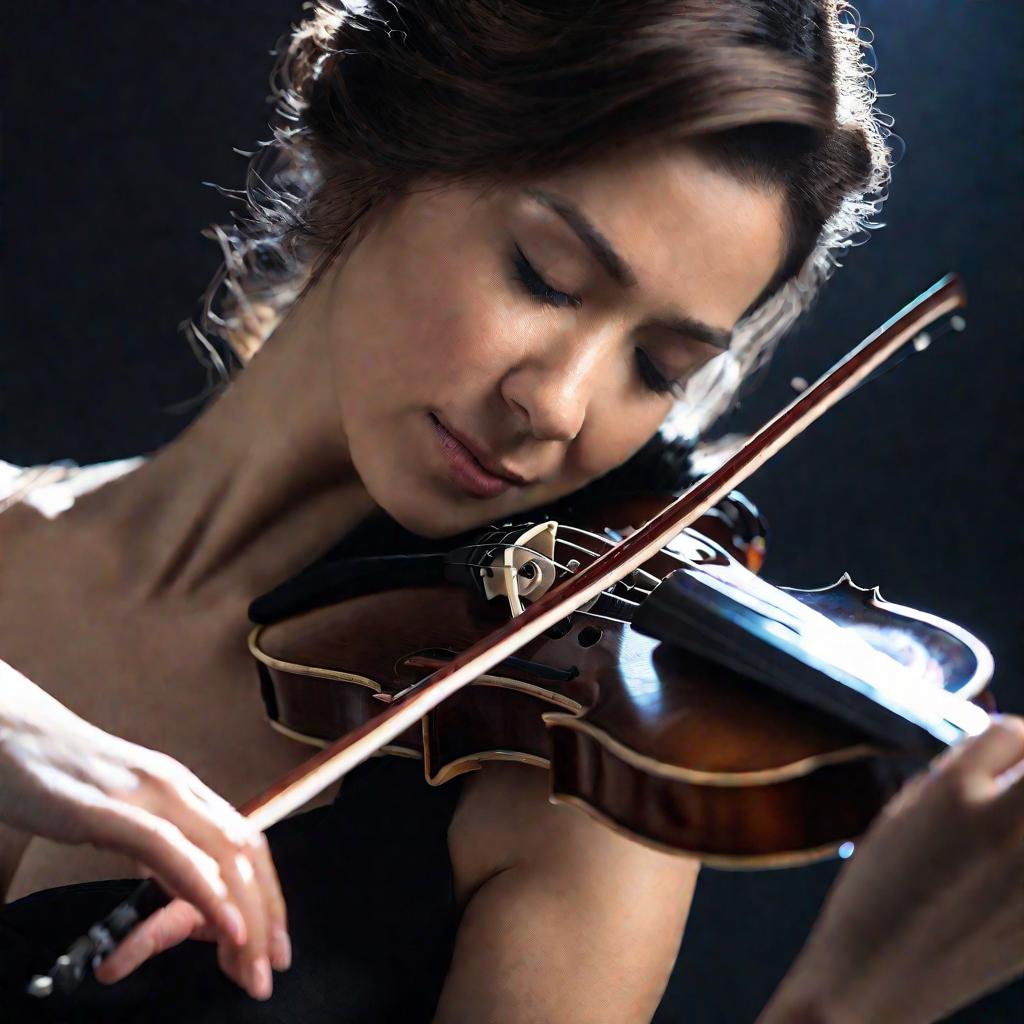 Женщина играет на скрипке с закрытыми глазами