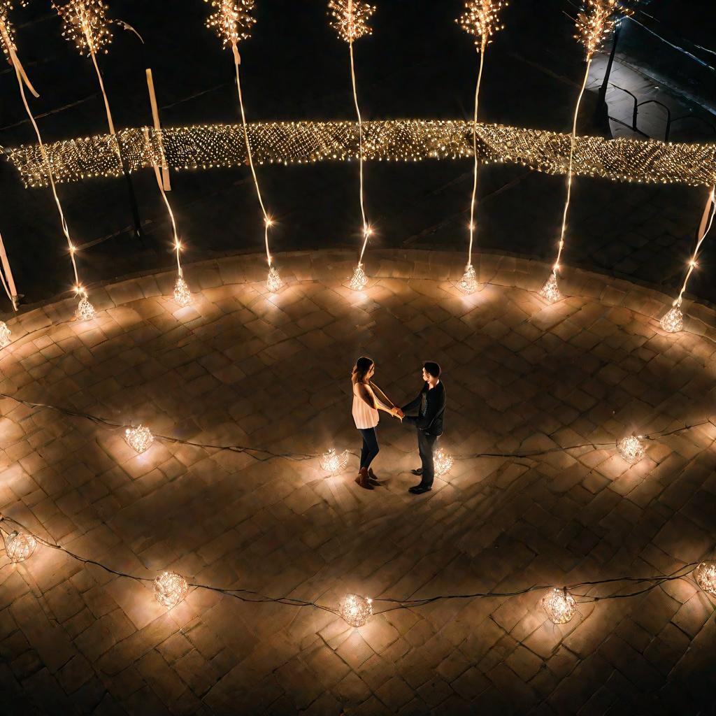 Пара танцует ночью на площади