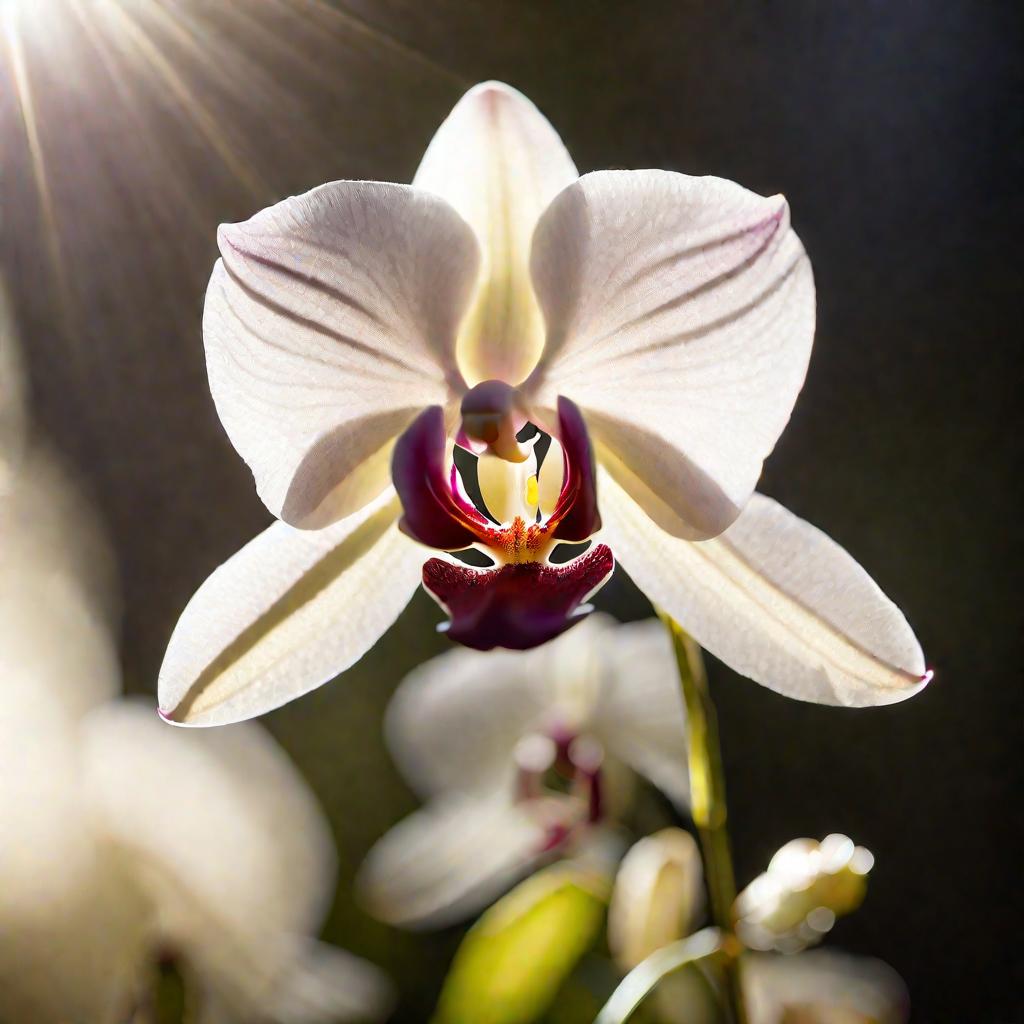 Вид одиночной нежной орхидеи на свету. Полупрозрачные слоновой кости лепестки обрамляют центральный пестик и тычинки, светящиеся на солнце.