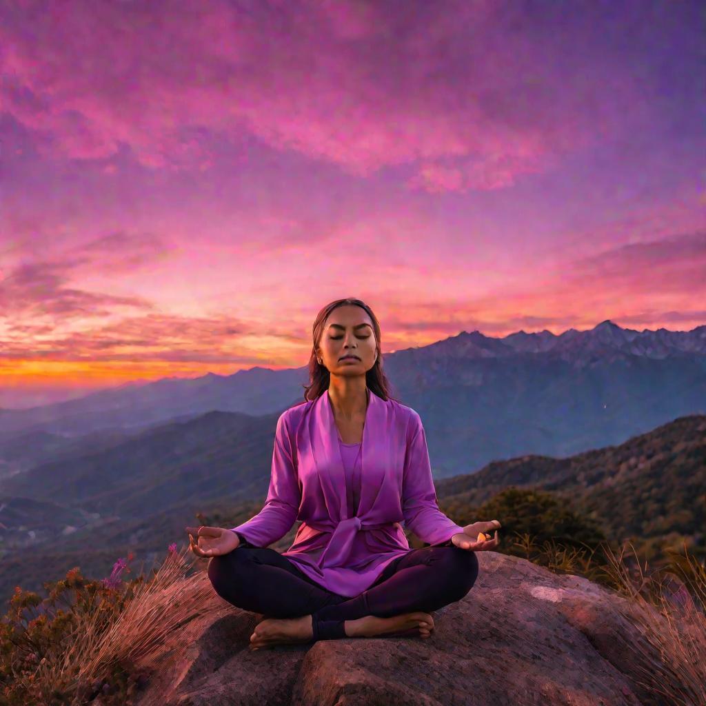 Женщина, медитирующая на вершине горы на закате