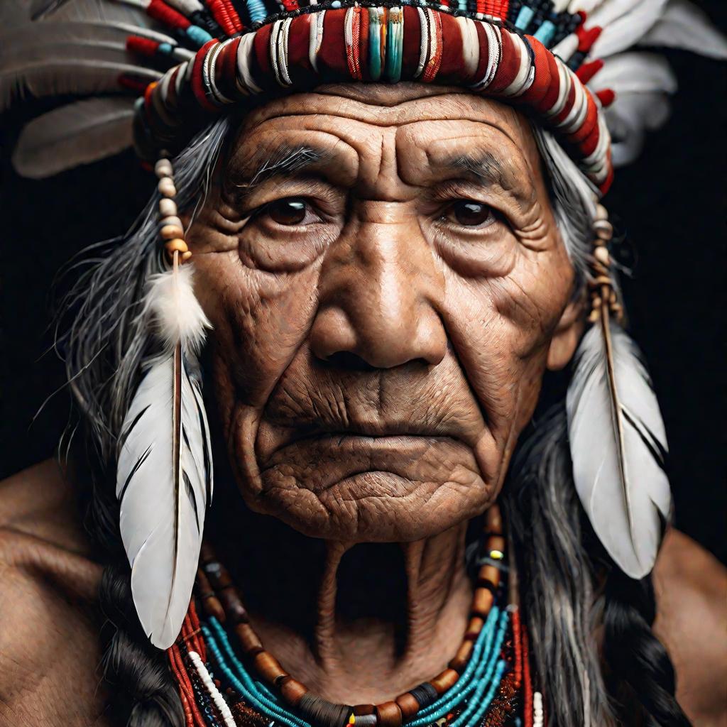 Крупный портрет пожилого мудрого индейца с морщинистой кожей и длинными седыми косами, в традиционном ожерелье из бисера и перьевом головном уборе, сосредоточенное напряженное выражение лица