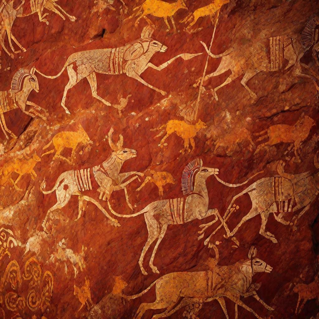 Детальный вид сверху на древние наскальные рисунки аборигенов, изображающие охотящихся людей, замысловатые абстрактные узоры, яркие красные и желтые пигменты охры на шершавой скале, кинематографическое освещение