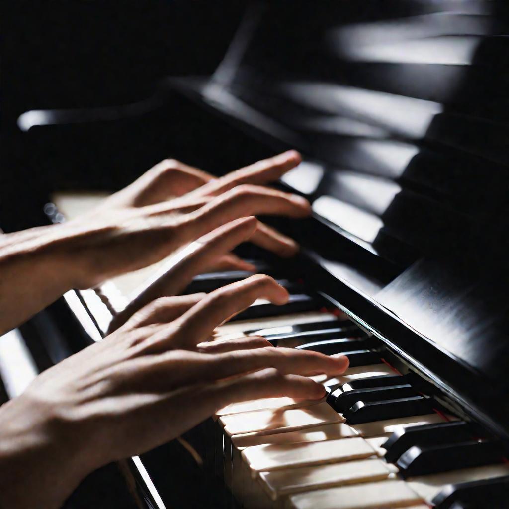 Крупный план рук пианиста, быстро исполняющего фортепианную трель пальцами.
