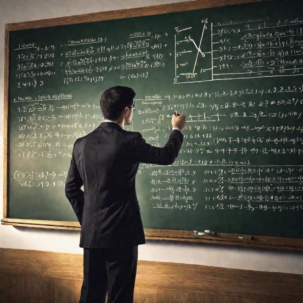 Мужчина в костюме объясняет понятие эквивалентности, записывая формулы на доске.