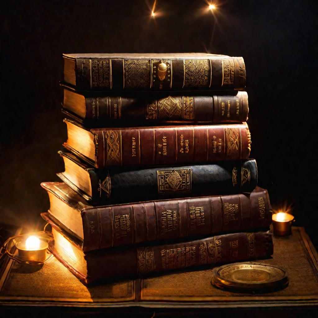 Волшебные огни исходят от стопки старинных книг, символизируя древние знания.