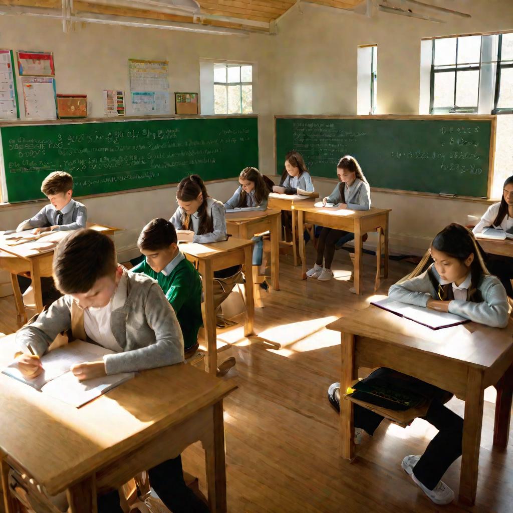 Ученики решают задачи со степенями в солнечном классе.